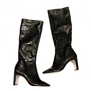 SCHUTZ Black Patent Leather Croc Embossed Tall Boots Size